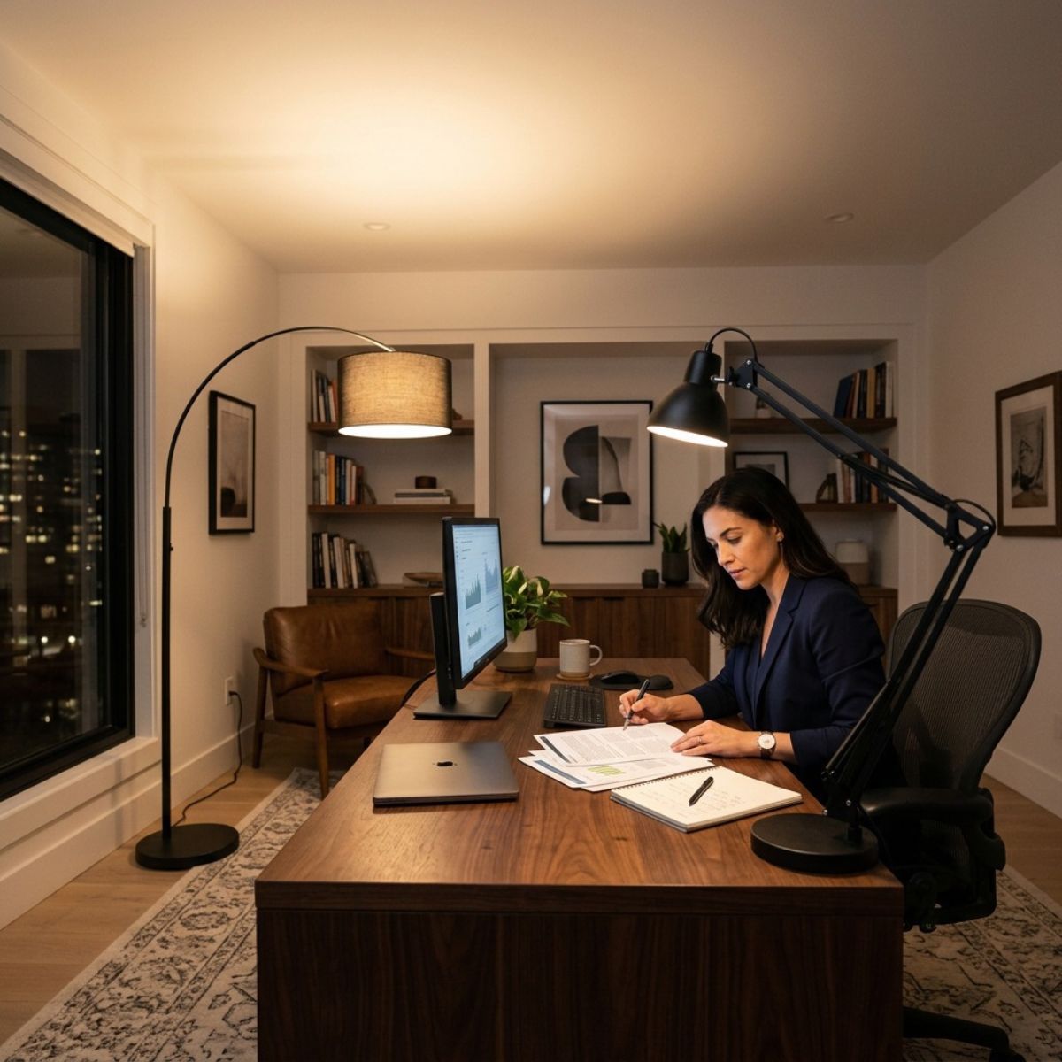 Combinación de iluminación directa e indirecta en un despacho moderno con lámpara de escritorio